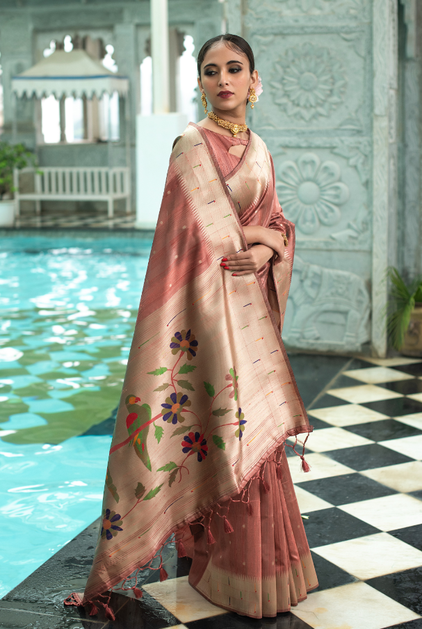 Women's Copper Tussar Silk Zari Woven Saree With Blouse - Vishnu Weaves