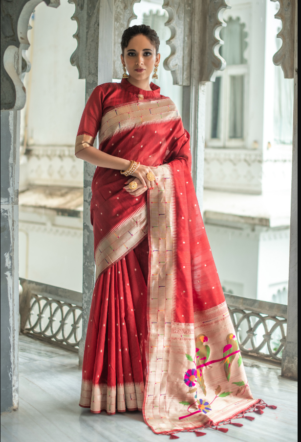 Women's Red Tussar Silk Zari Woven Saree With Blouse - Vishnu Weaves