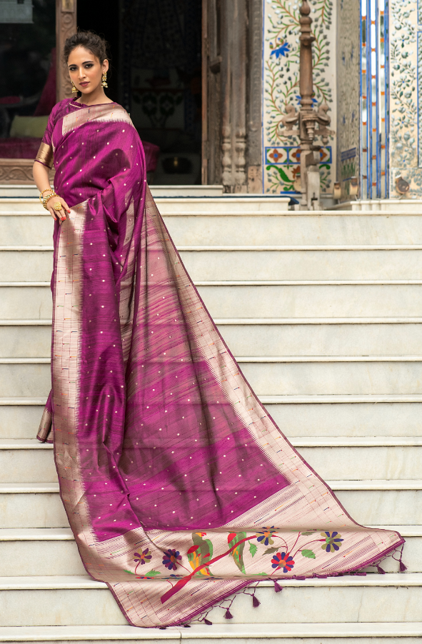 Women's Wine Tussar Silk Zari Woven Saree With Blouse - Vishnu Weaves