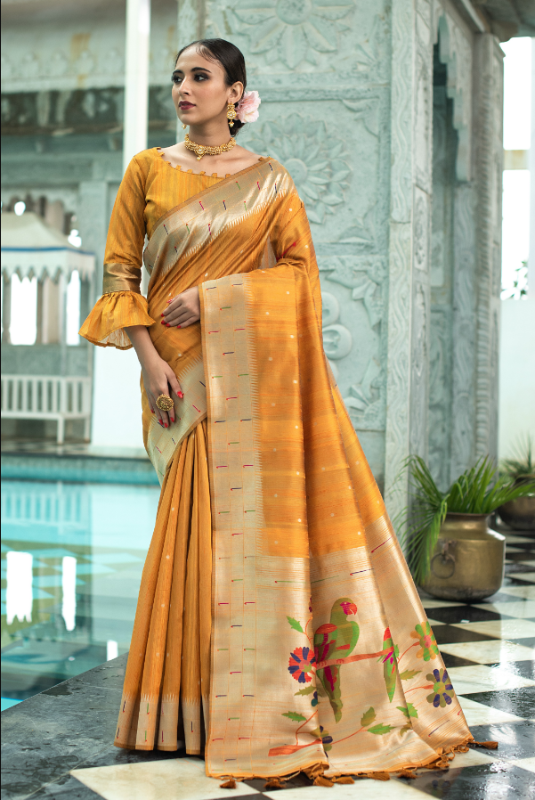 Women's Yellow Tussar Silk Zari Woven Saree With Blouse - Vishnu Weaves
