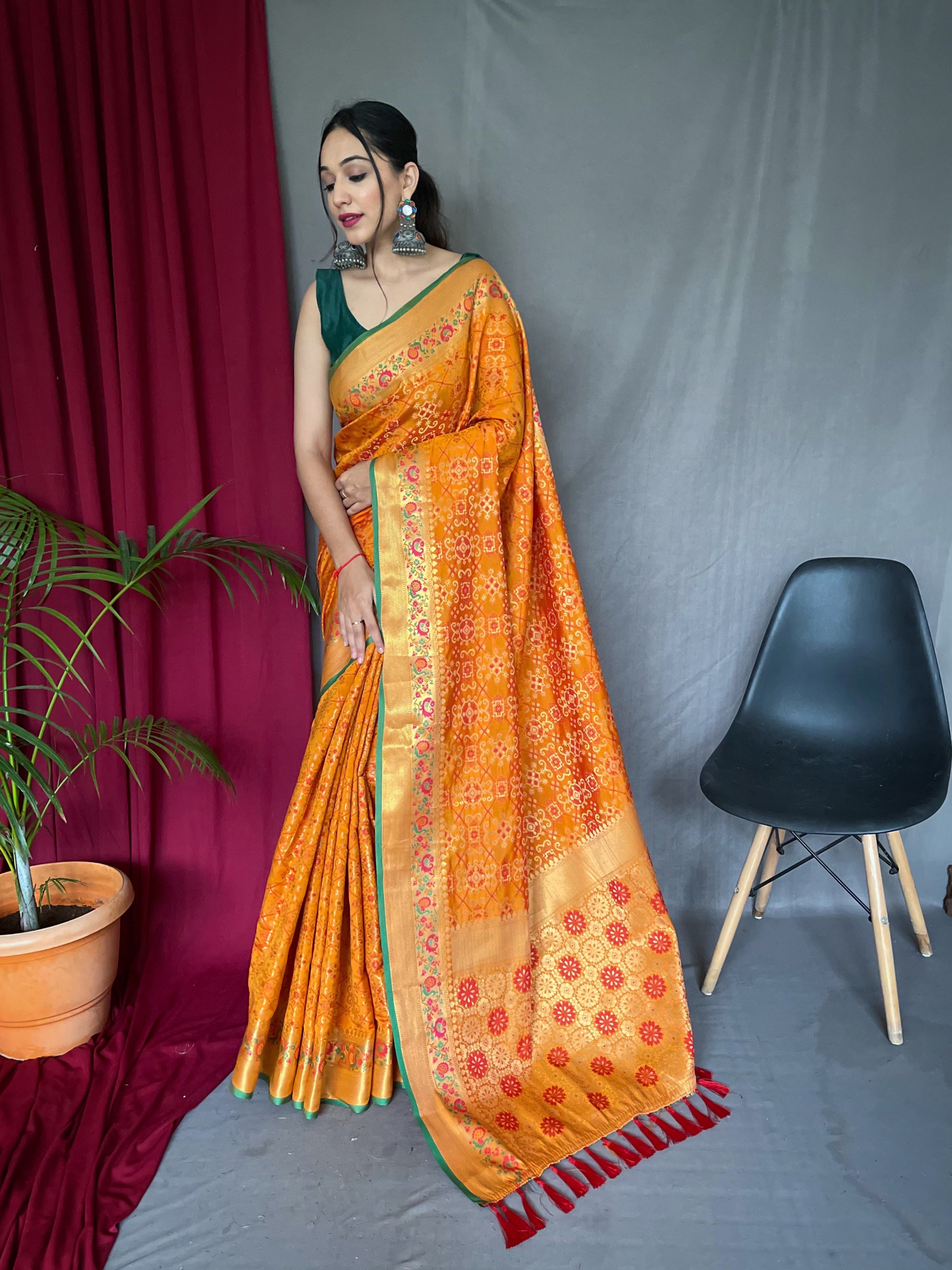 Women's  Orange Gold Color Bandhej Patola Silk Woven Saree Orange Gold - TASARIKA
