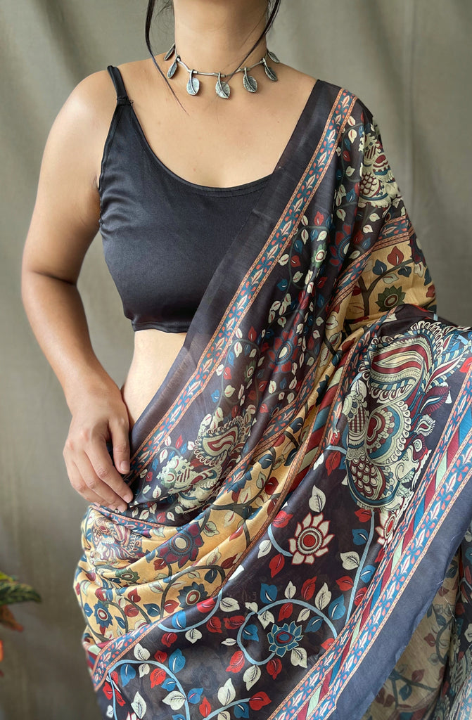 Women's Chickoo Color Cotton Kalamkari Printed Saree Chickoo