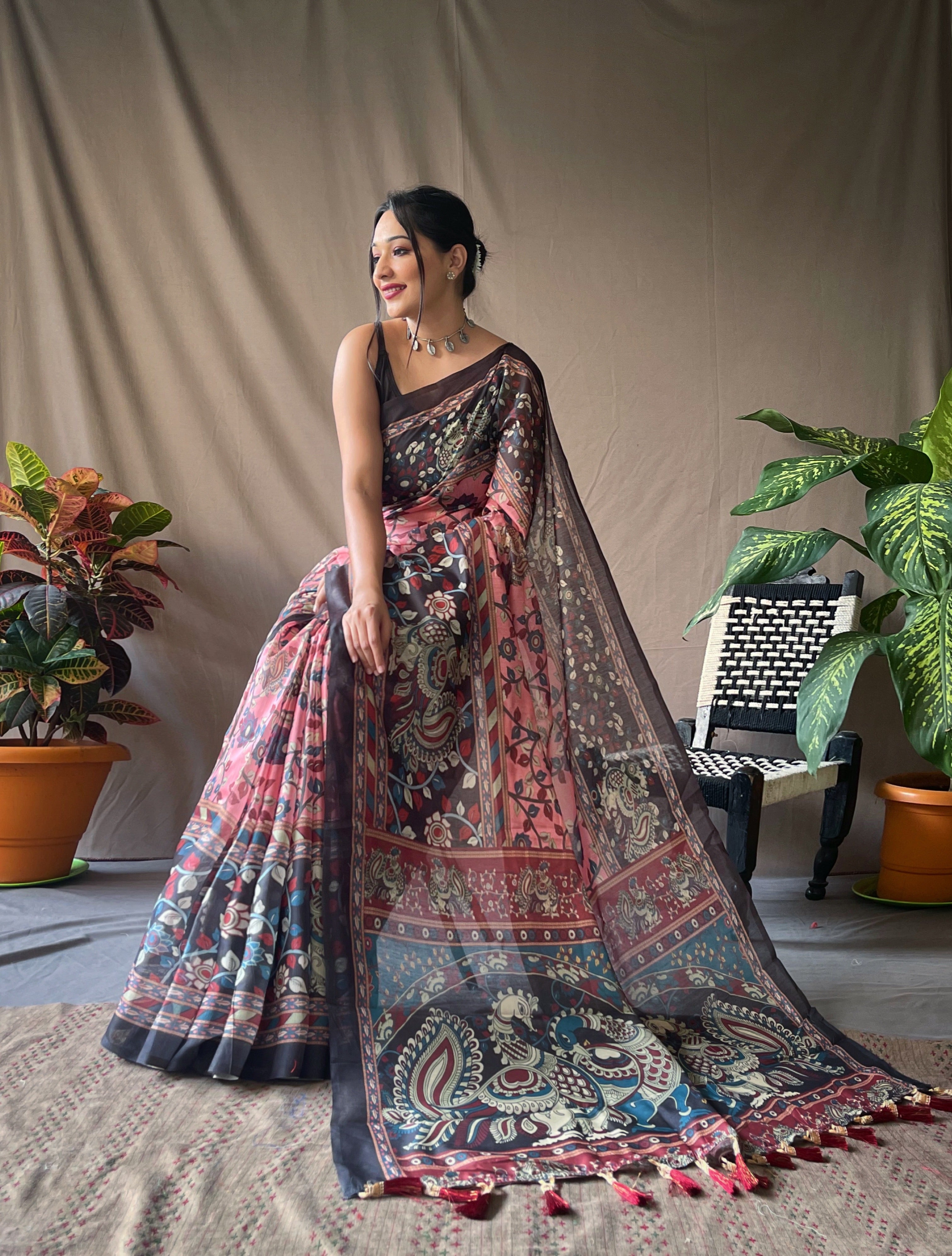 Women's Pink Color Cotton Kalamkari Printed Saree Dusty Pink