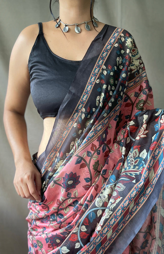 Women's Pink Color Cotton Kalamkari Printed Saree Dusty Pink