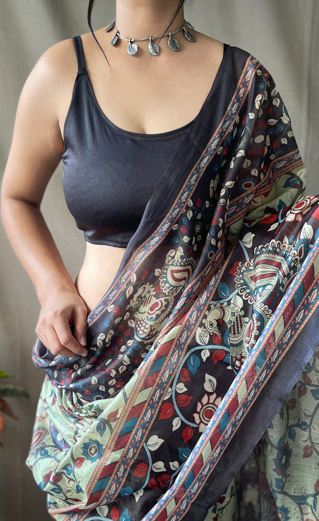 Women's Green Color Cotton Kalamkari Printed Saree Thistle Green