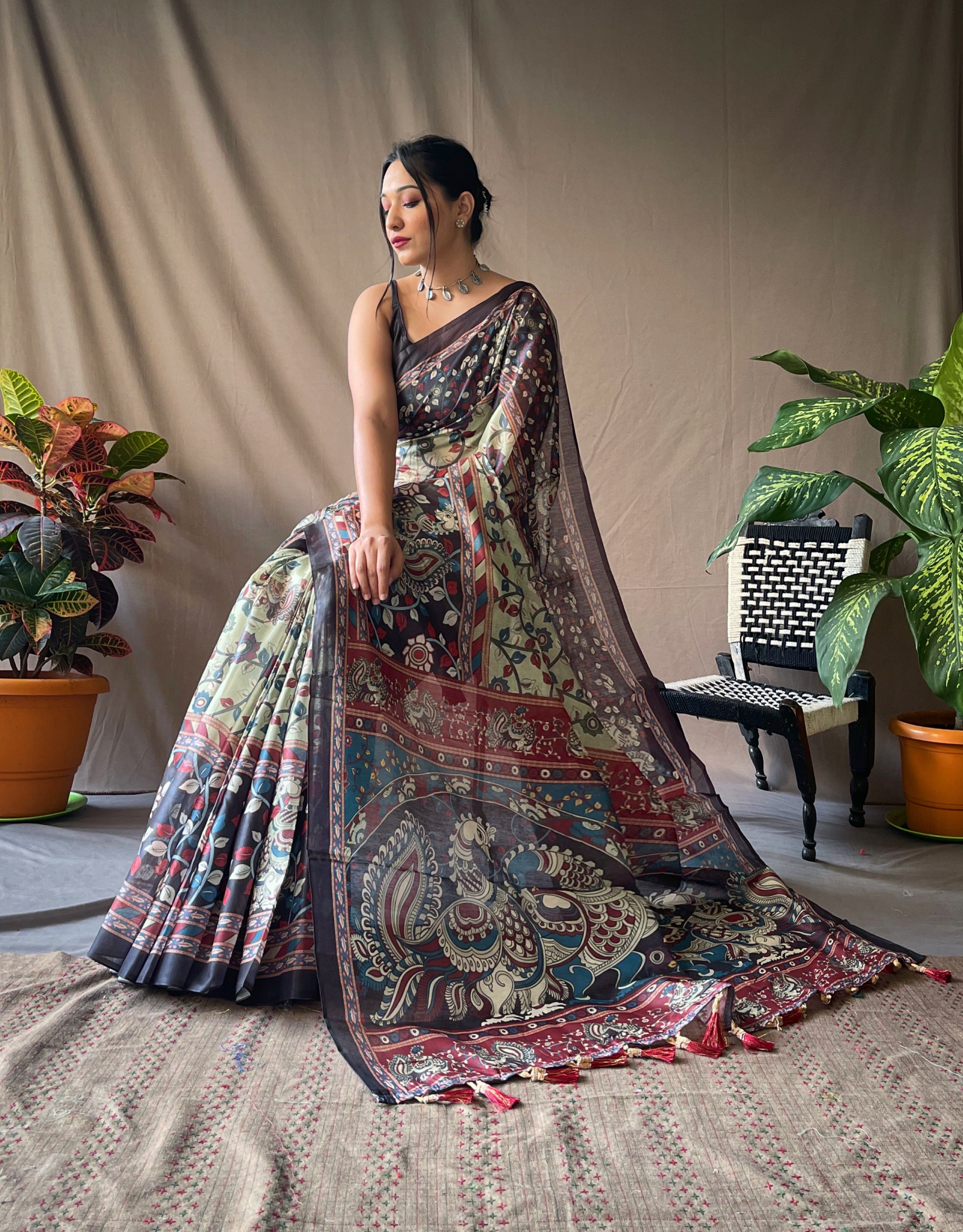 Women's Green Color Cotton Kalamkari Printed Saree Thistle Green