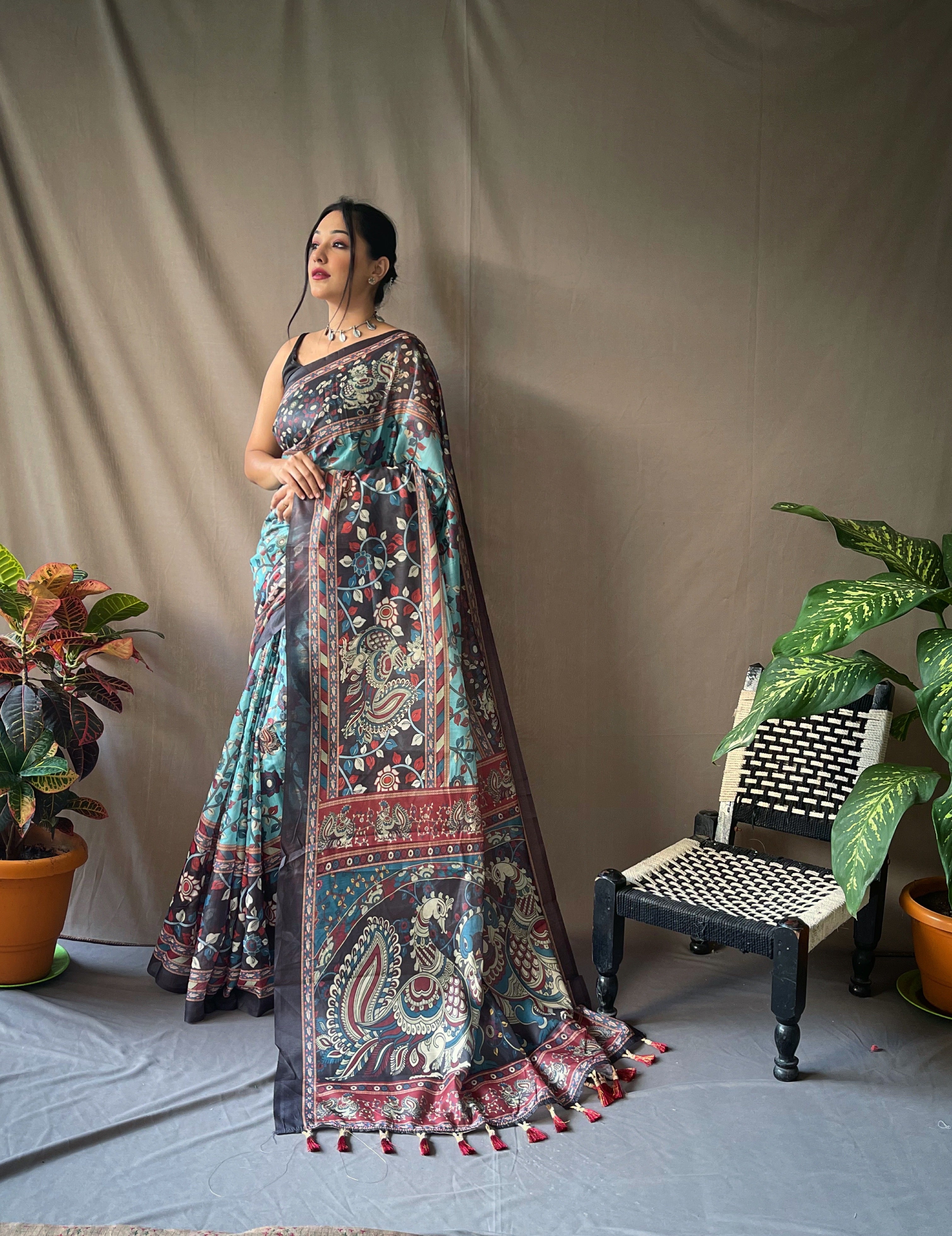 Women's Blue Color Cotton Kalamkari Printed Saree Blue