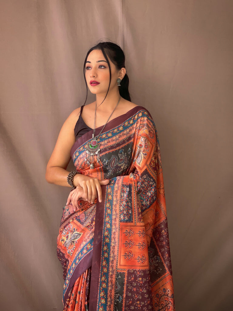 Women's Orange Color Cotton Kalamkari Printed Sunrise Orange