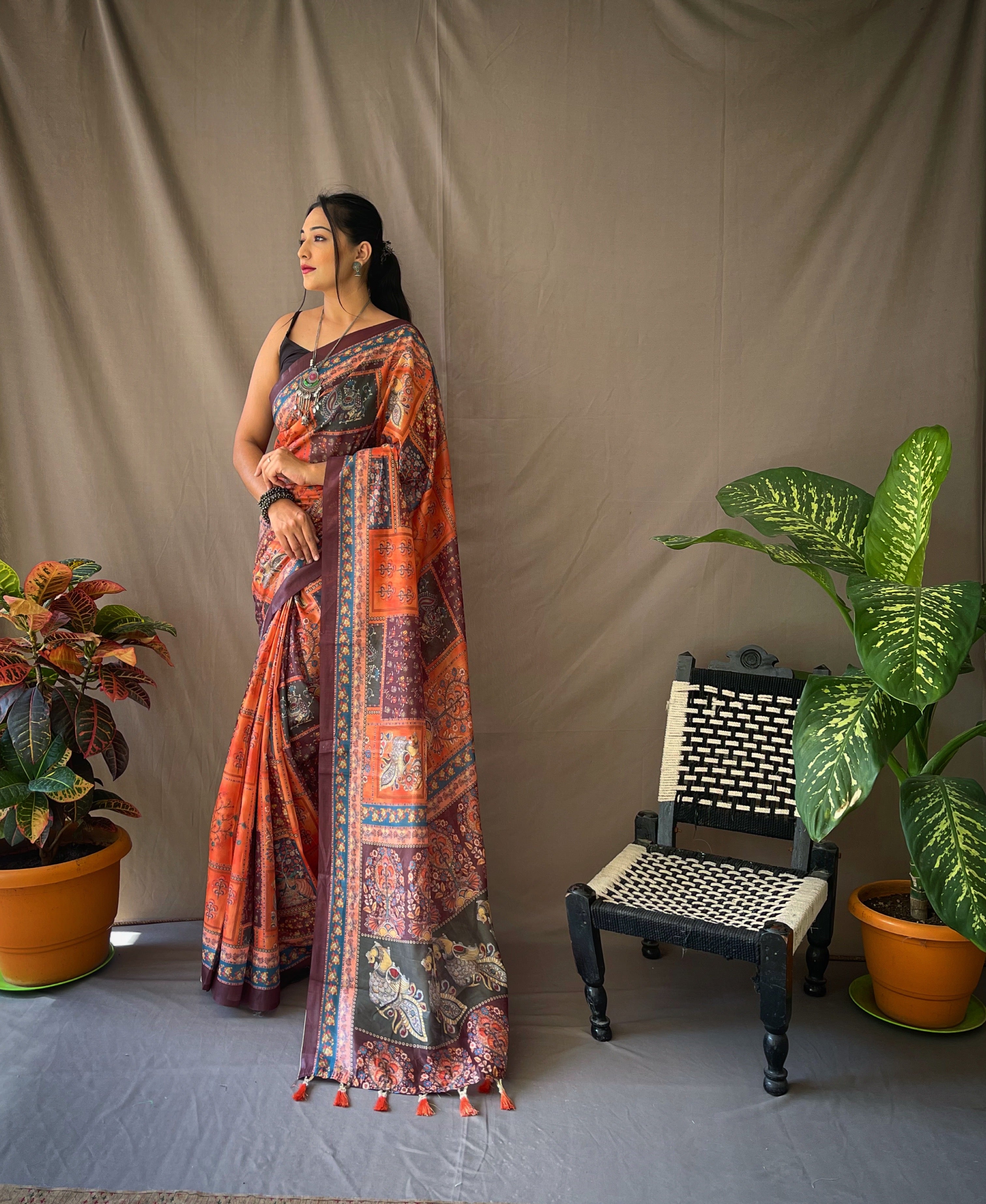 Women's Orange Color Cotton Kalamkari Printed Sunrise Orange