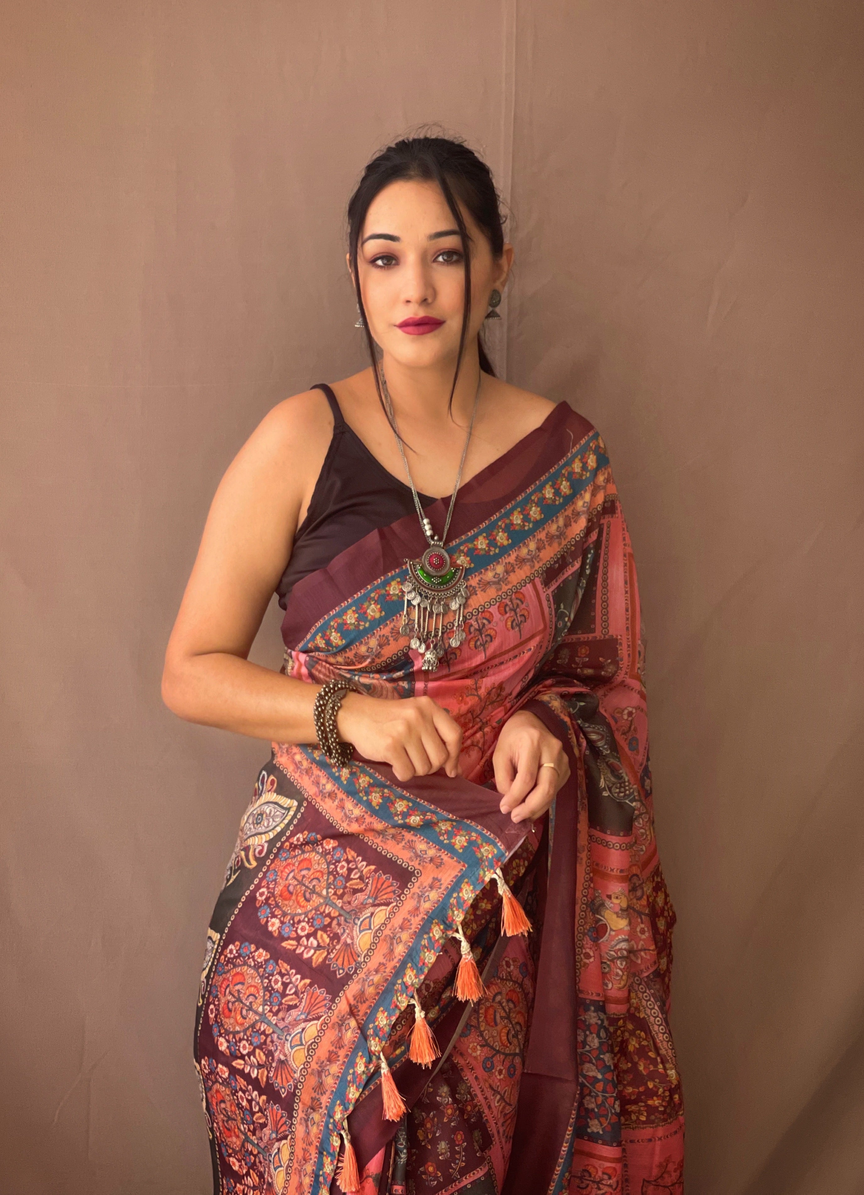 Women's Pink Color Cotton Kalamkari Printed Deep Chestut