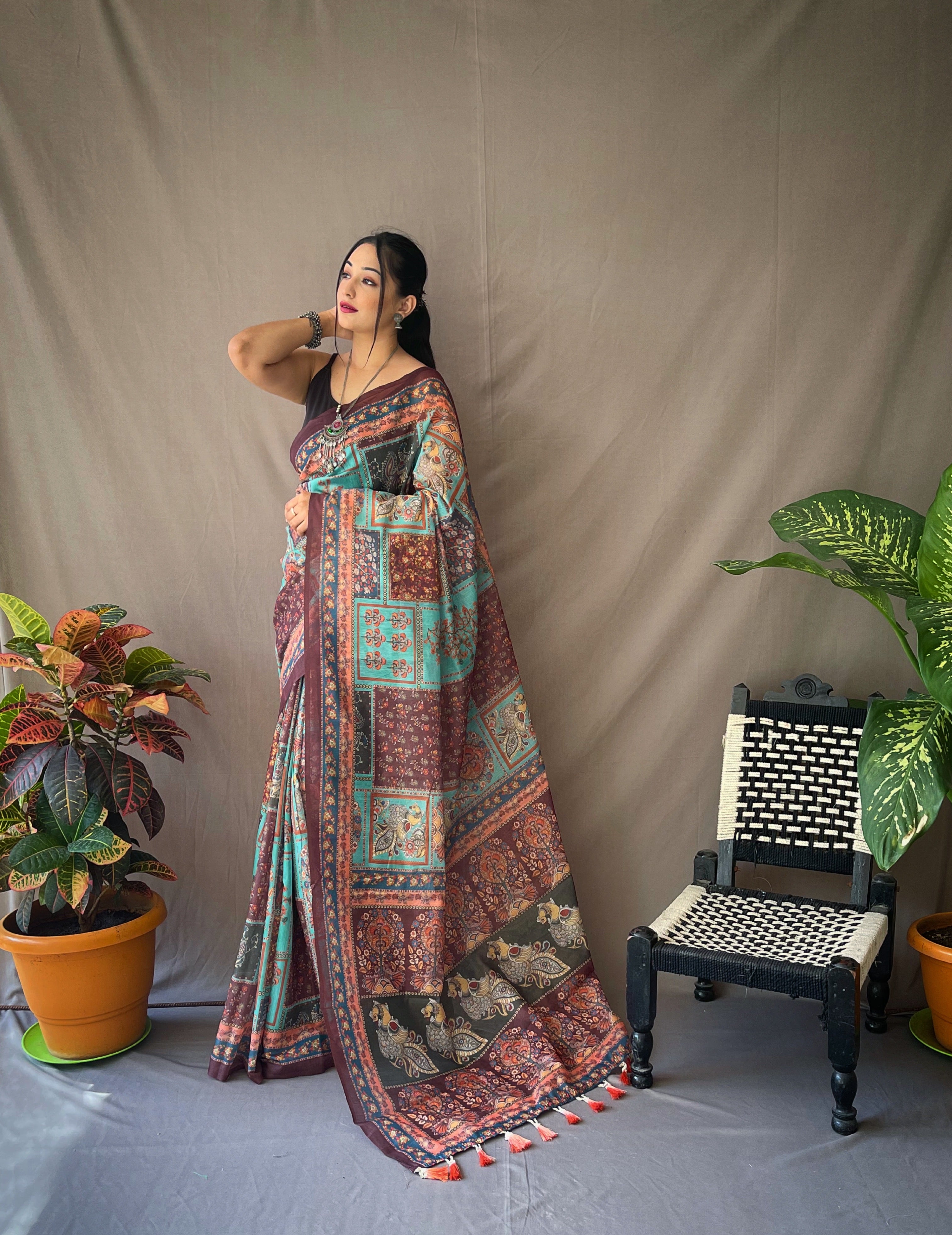Women's Blue Color Cotton Kalamkari Printed Teal
