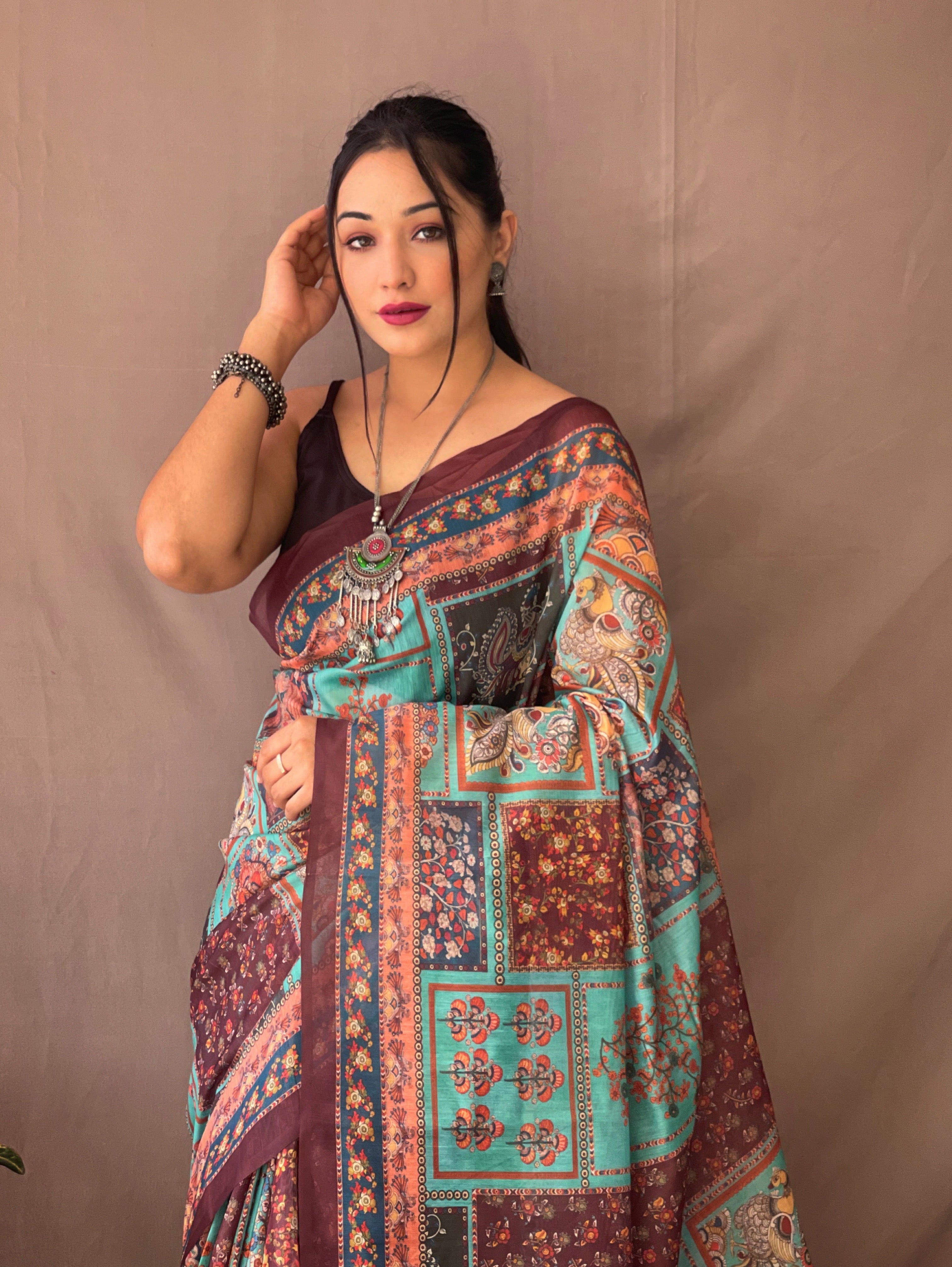 Women's Blue Color Cotton Kalamkari Printed Teal