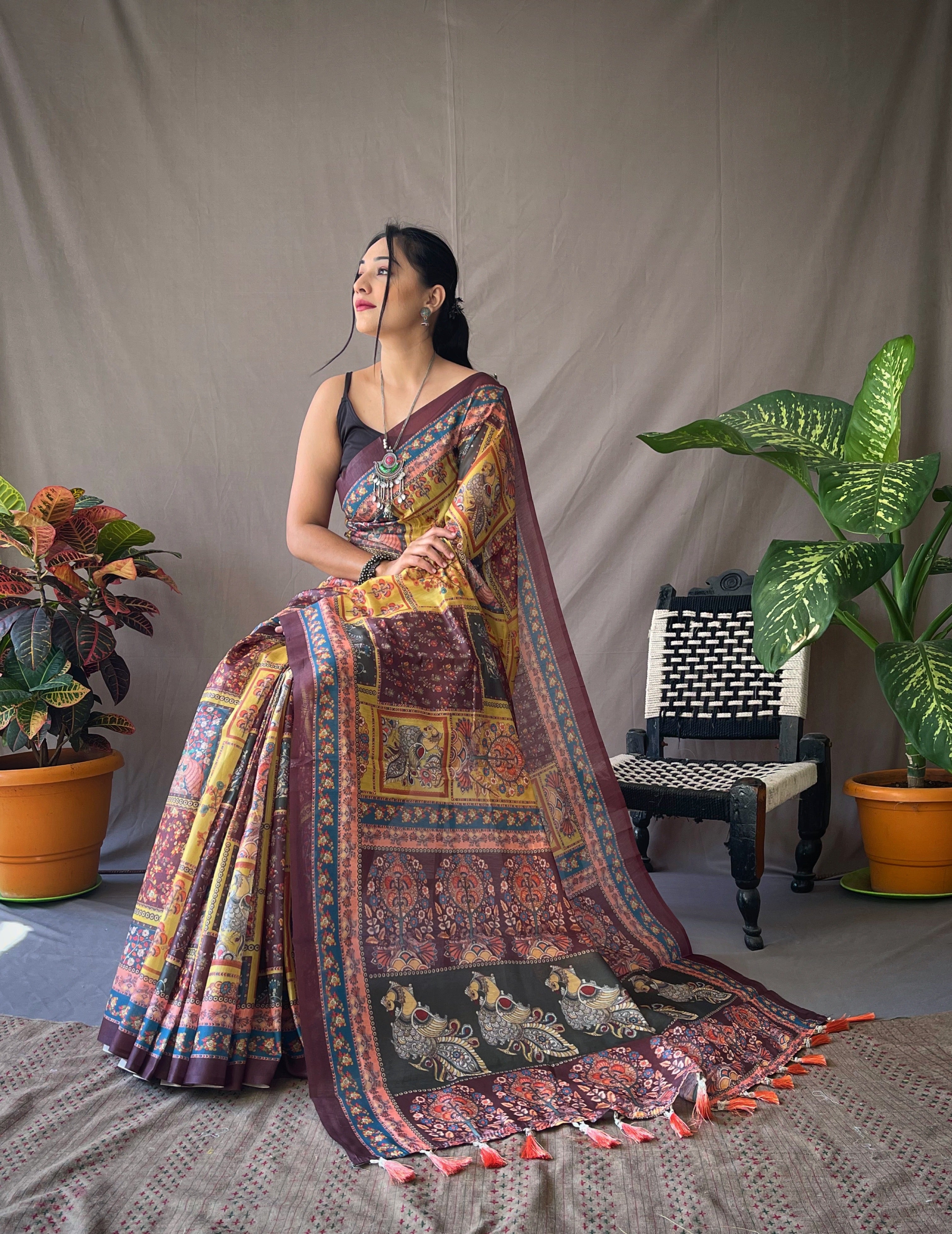 Women's Yellow Gold Color Cotton Kalamkari Printed Luxor Gold