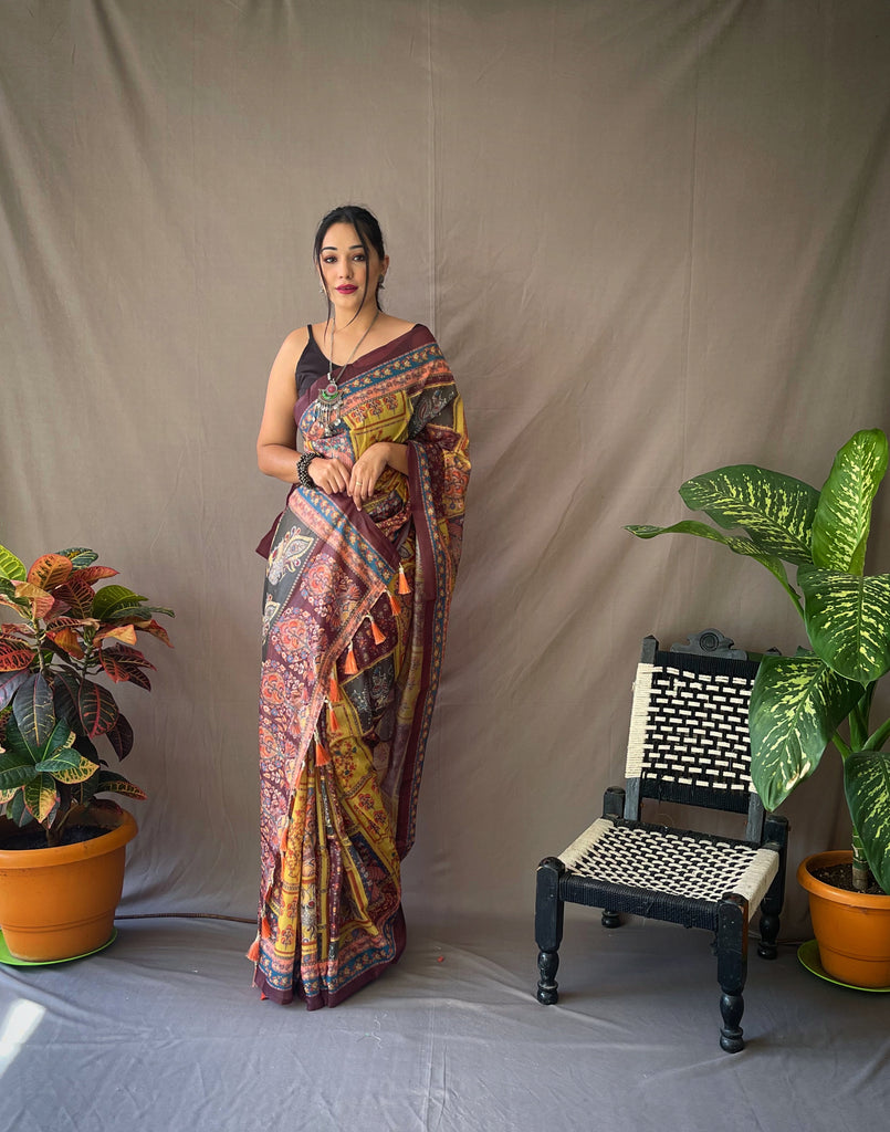 Women's Yellow Gold Color Cotton Kalamkari Printed Luxor Gold