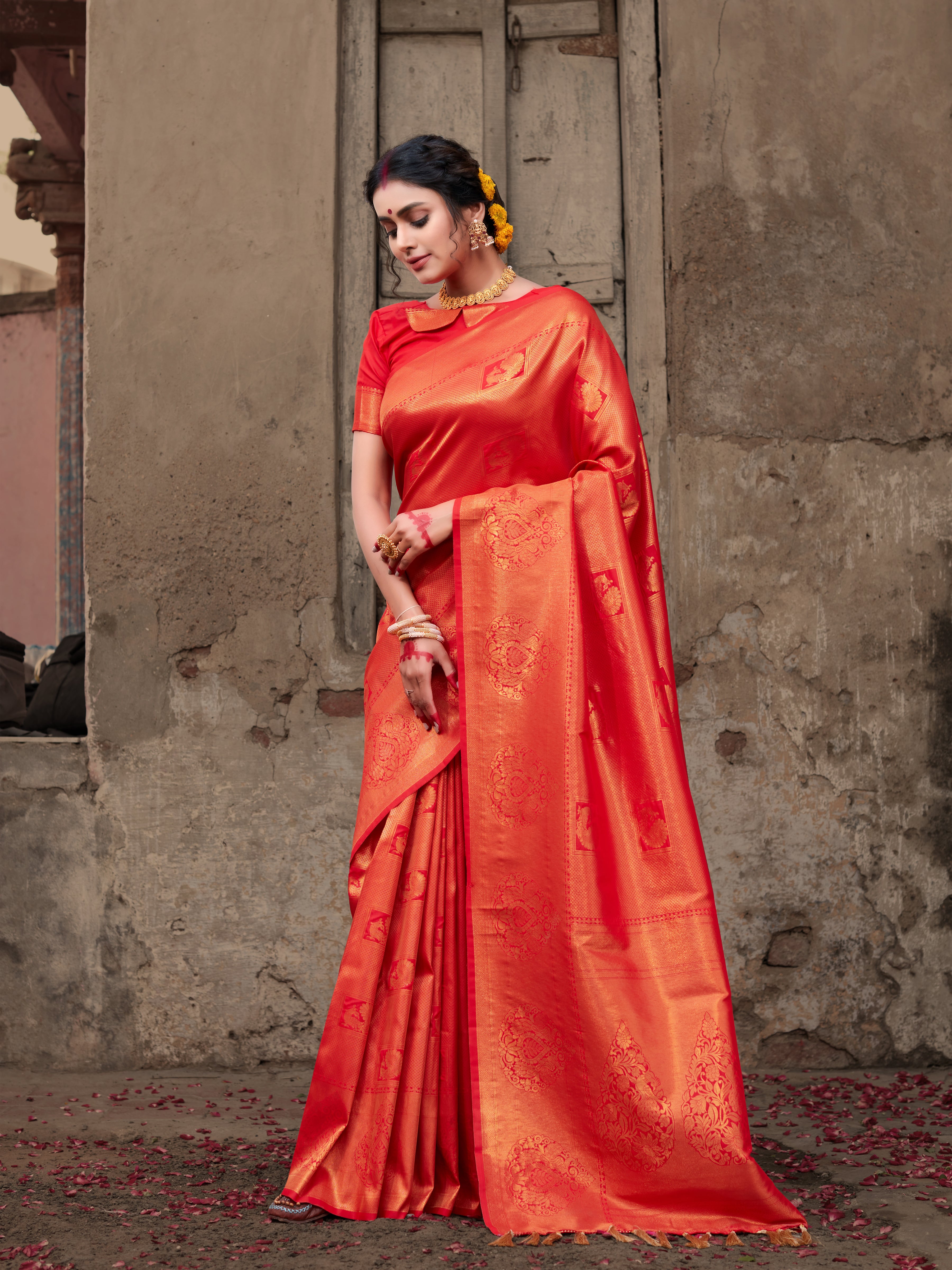 Women's Pure Kanjeevaram Silk Woven Saree Red - Tasarika