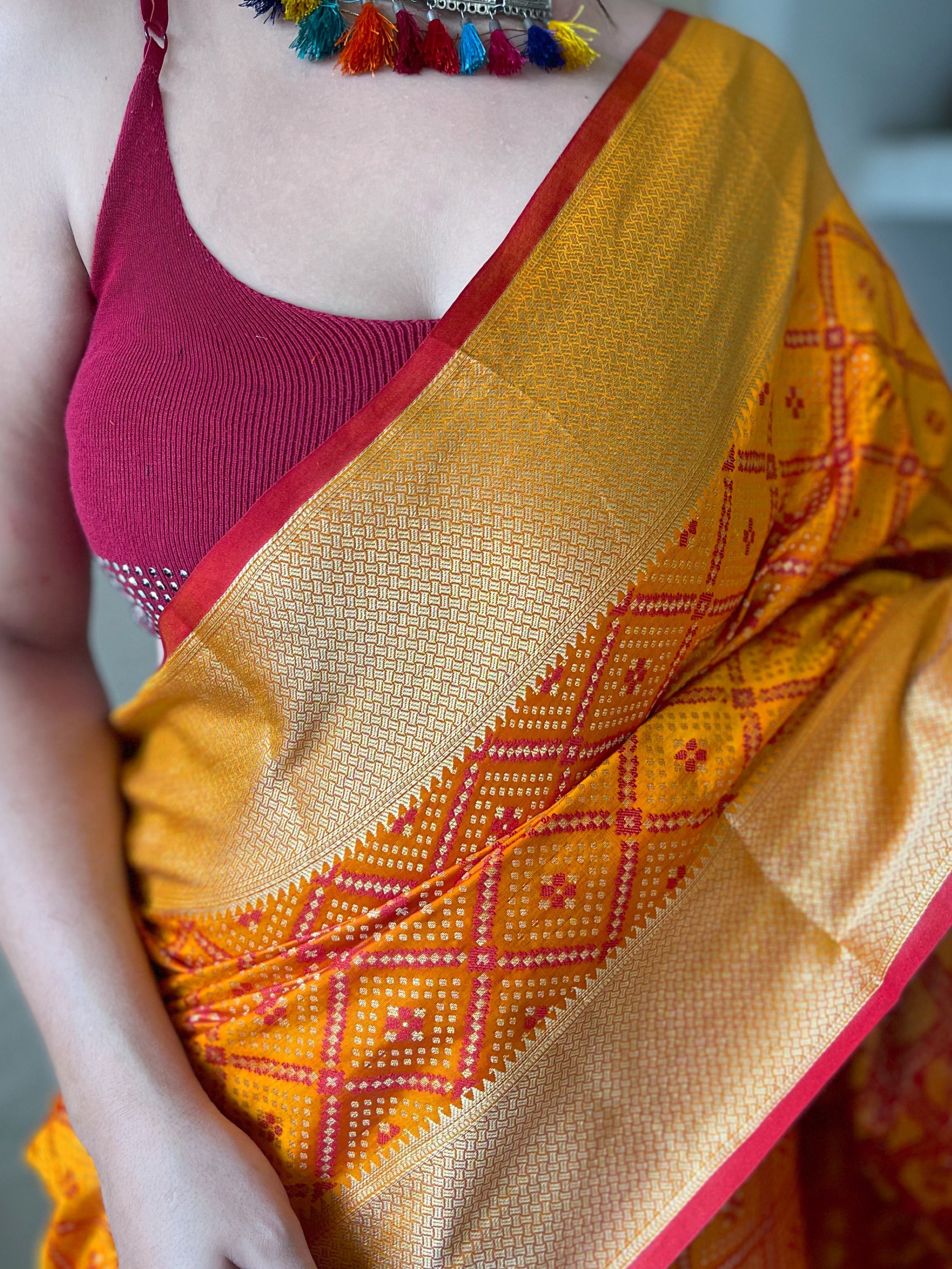 Women's Mustard Color Bandhej Patola Mustard Orange Woven Silk Saree - TASARIKA