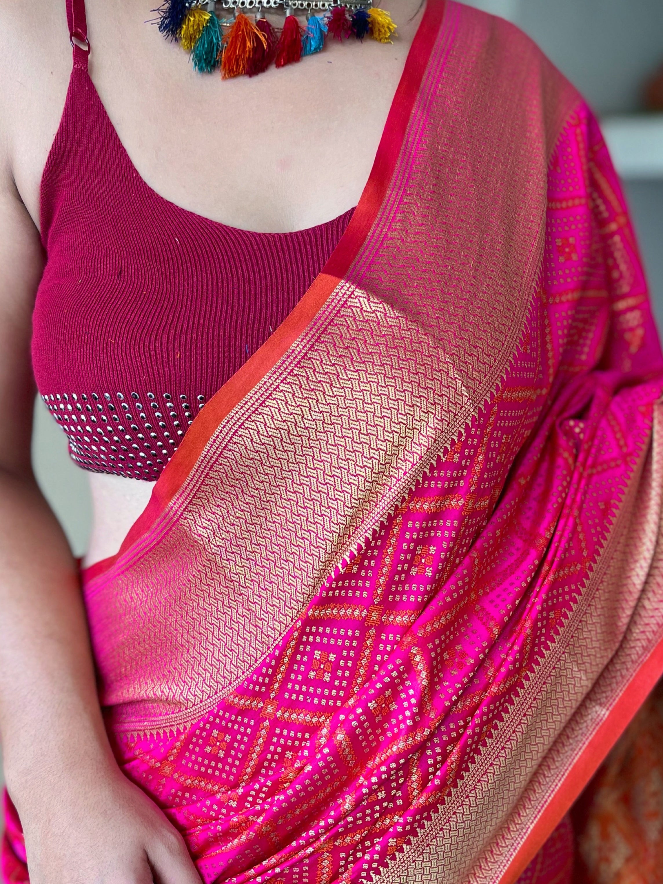 Women's Pink Color Bandhej Patola Pink Woven Silk Saree - TASARIKA