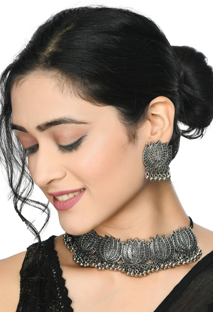 Trendia Silver-Plated Oxidised Lotus Design Necklace with Ear