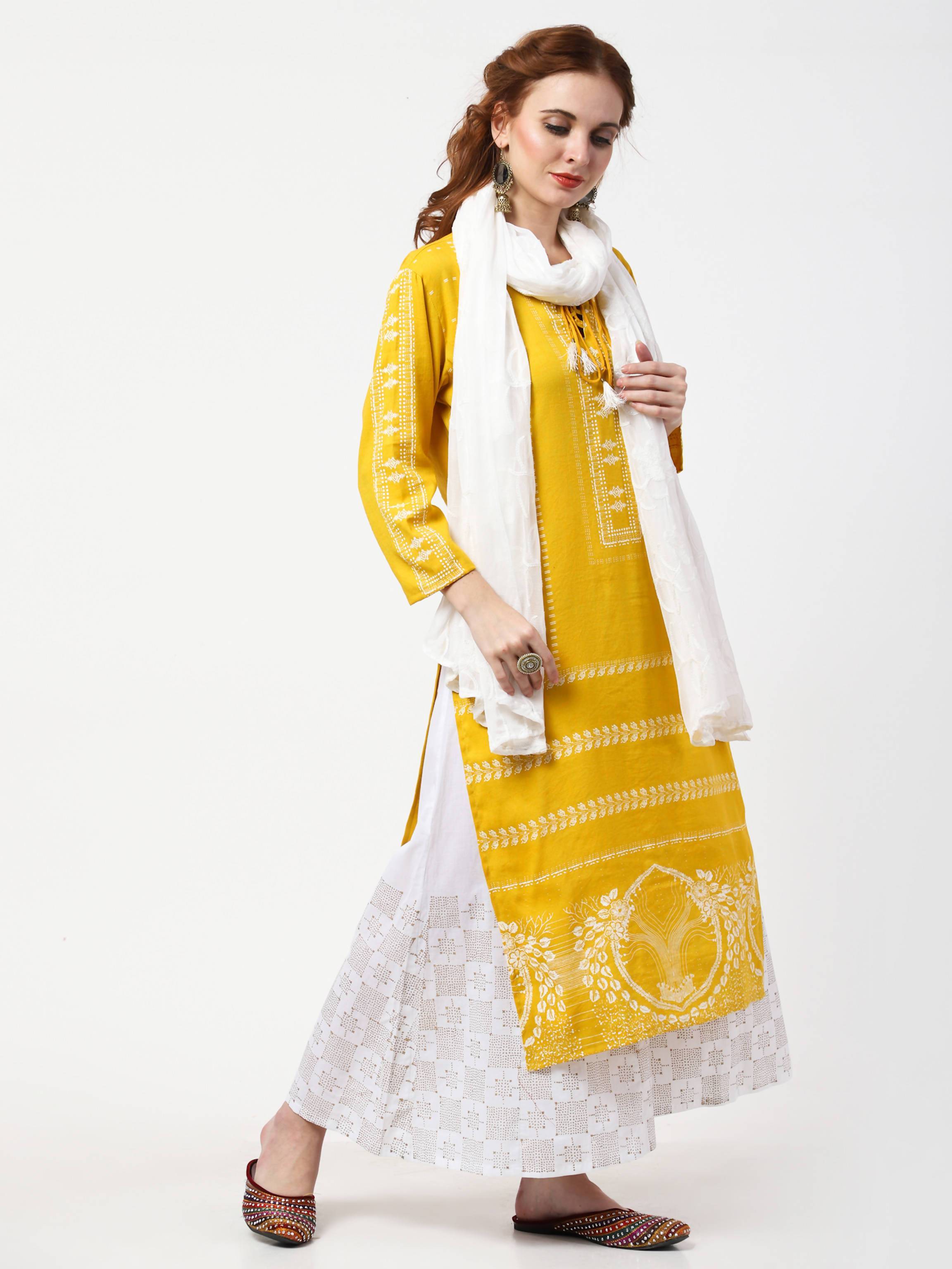 Women's Mustard & White Cotton Kurta With Palazzo & Embroidered Dupatta Set - Cheera