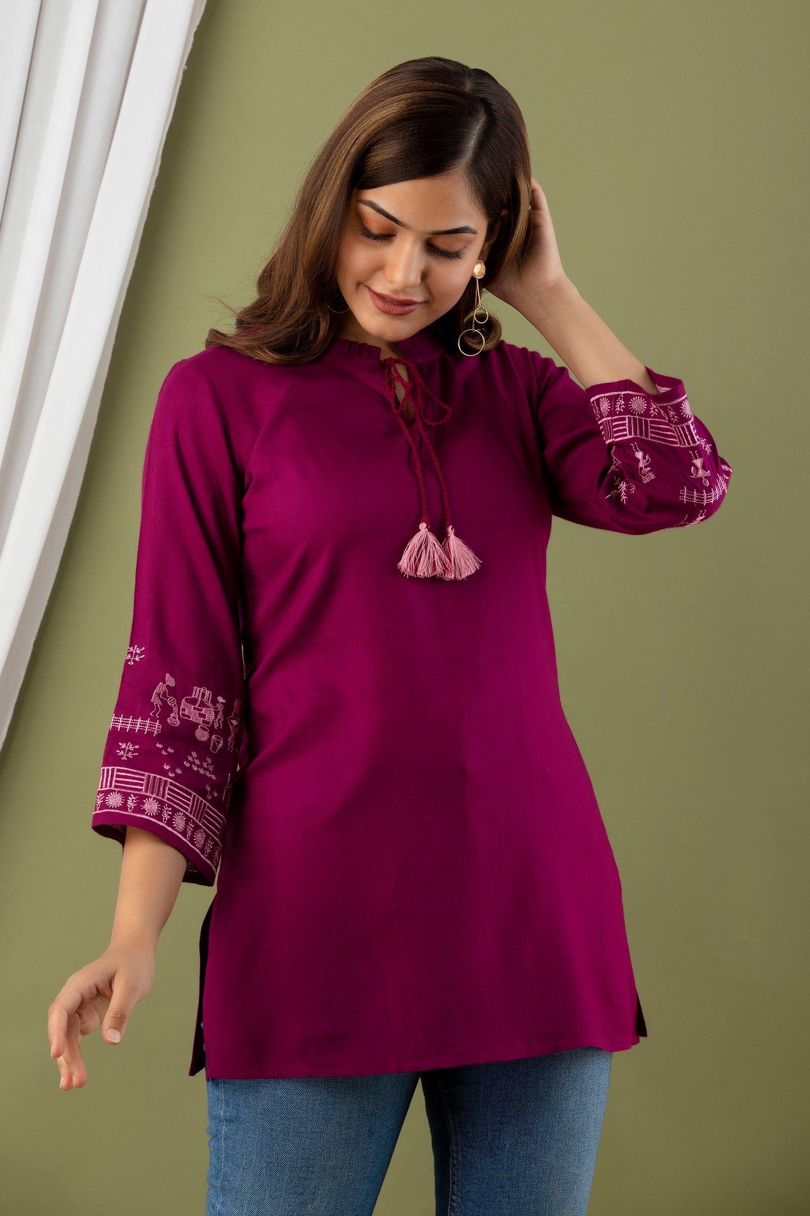 Women's Wine Color Embroidered Top - Misskurti