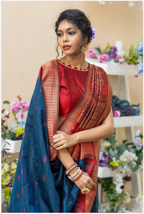 Women's Blue Tussar Silk Zari Woven Saree With Blouse - Vishnu Weaves