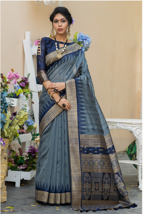 Women's Grey Tussar Silk Zari Woven Saree With Blouse - Vishnu Weaves