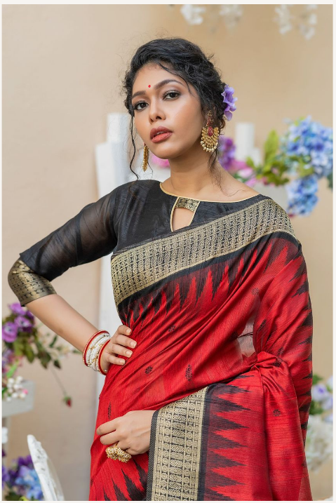 Women's Red Tussar Silk Zari Woven Saree With Blouse - Vishnu Weaves