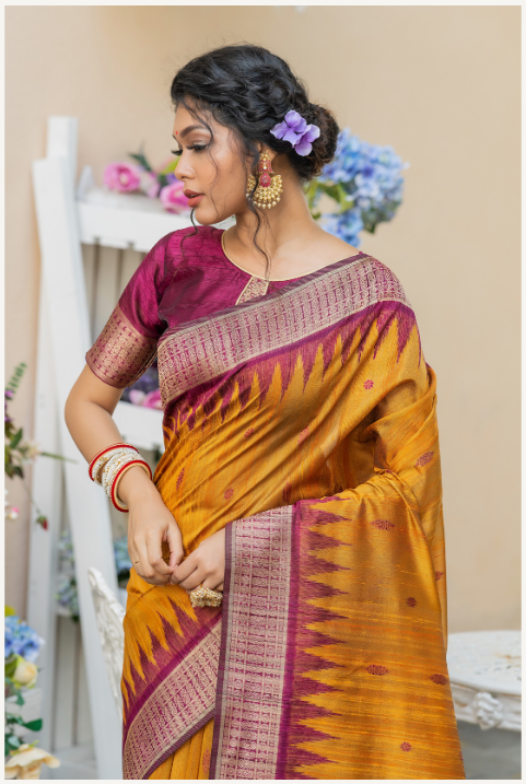 Women's Yellow Tussar Silk Zari Woven Saree With Blouse - Vishnu Weaves