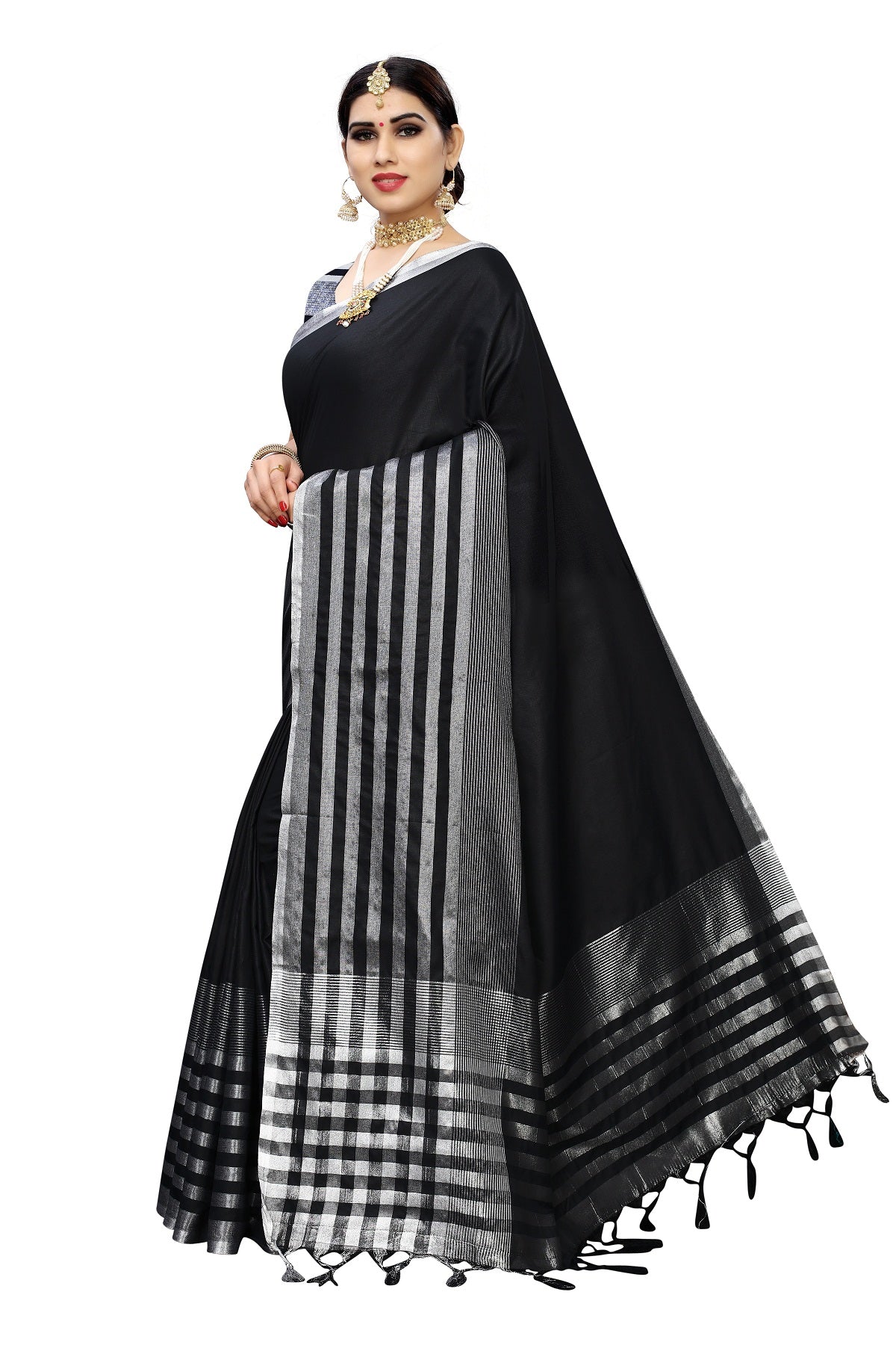 Women's Black Cotton Silk Weaving Saree - Vamika