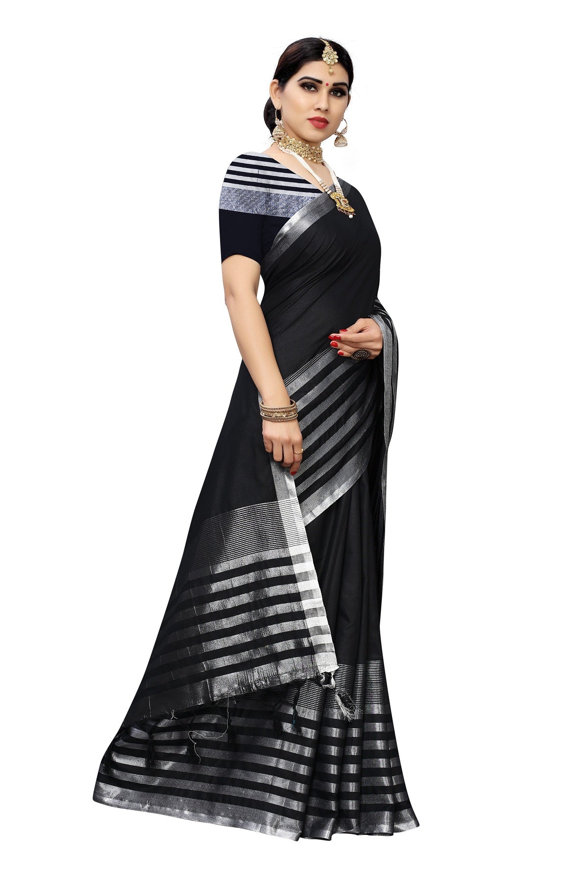 Women's Black Cotton Silk Weaving Saree - Vamika