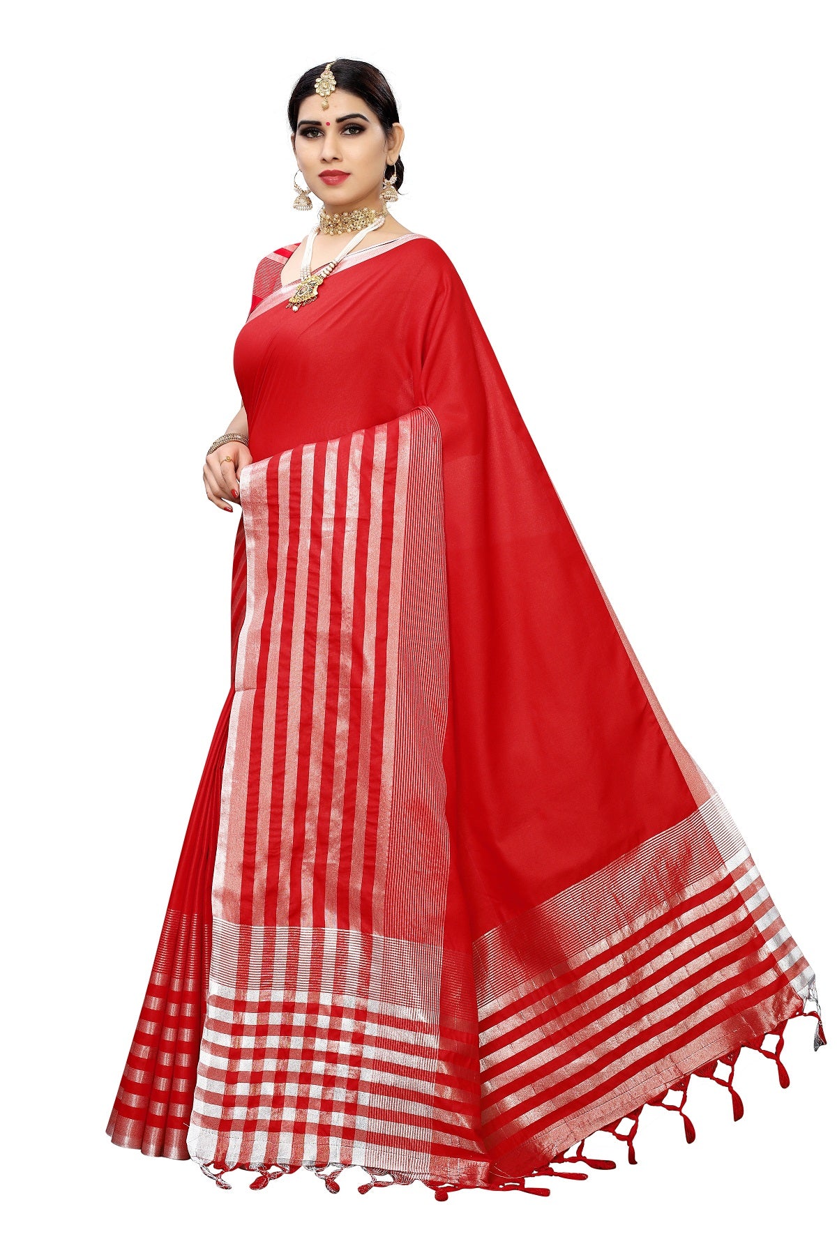 Women's Red Cotton Silk Weaving Saree - Vamika