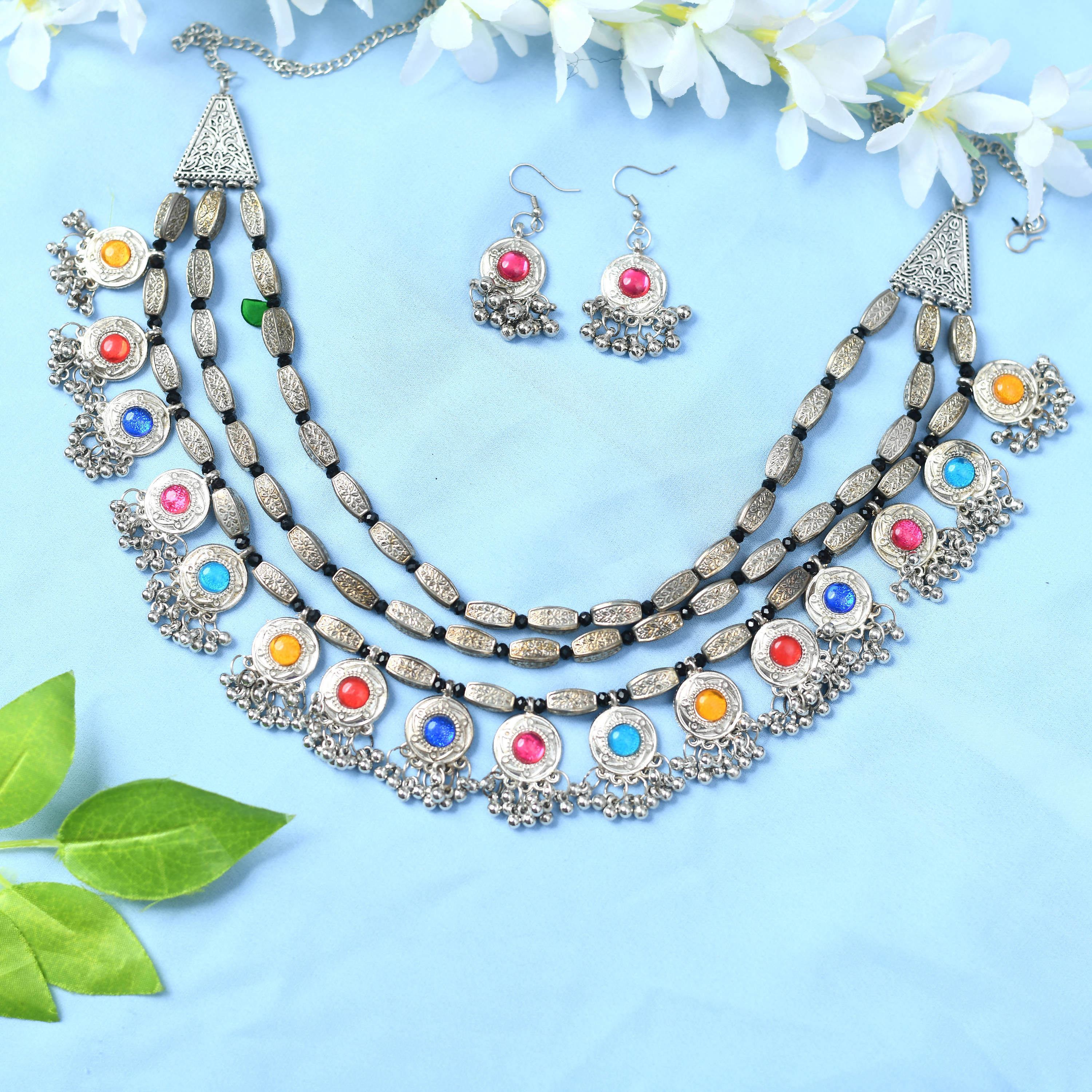 Kamal Johar Traditional Multi colour Stone Necklace with Earrings Jkms_120