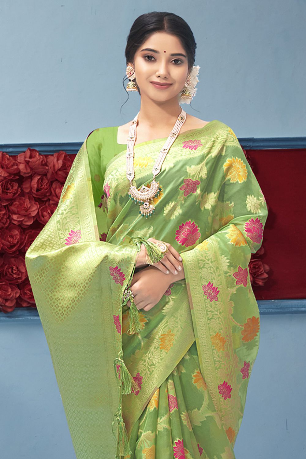 Women's Green Organza Woven Zari Work Traditional Tassle Saree - Sangam Prints