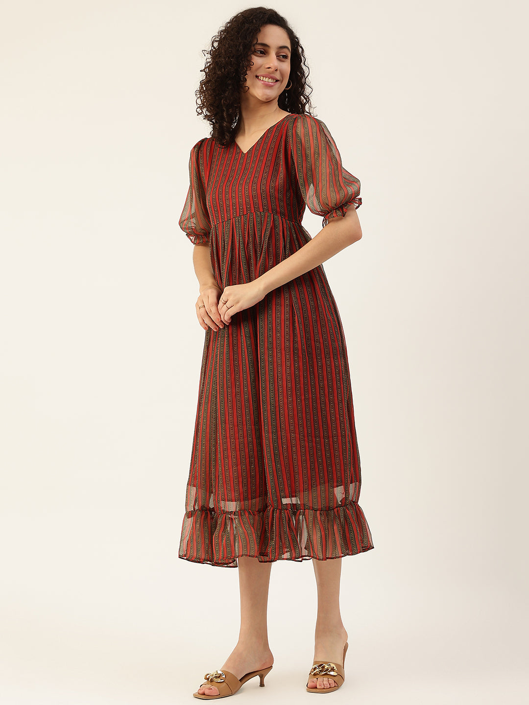 Women's Maroon Color Chiffon Flared Printed A-Line Striped Dress - Vaaba