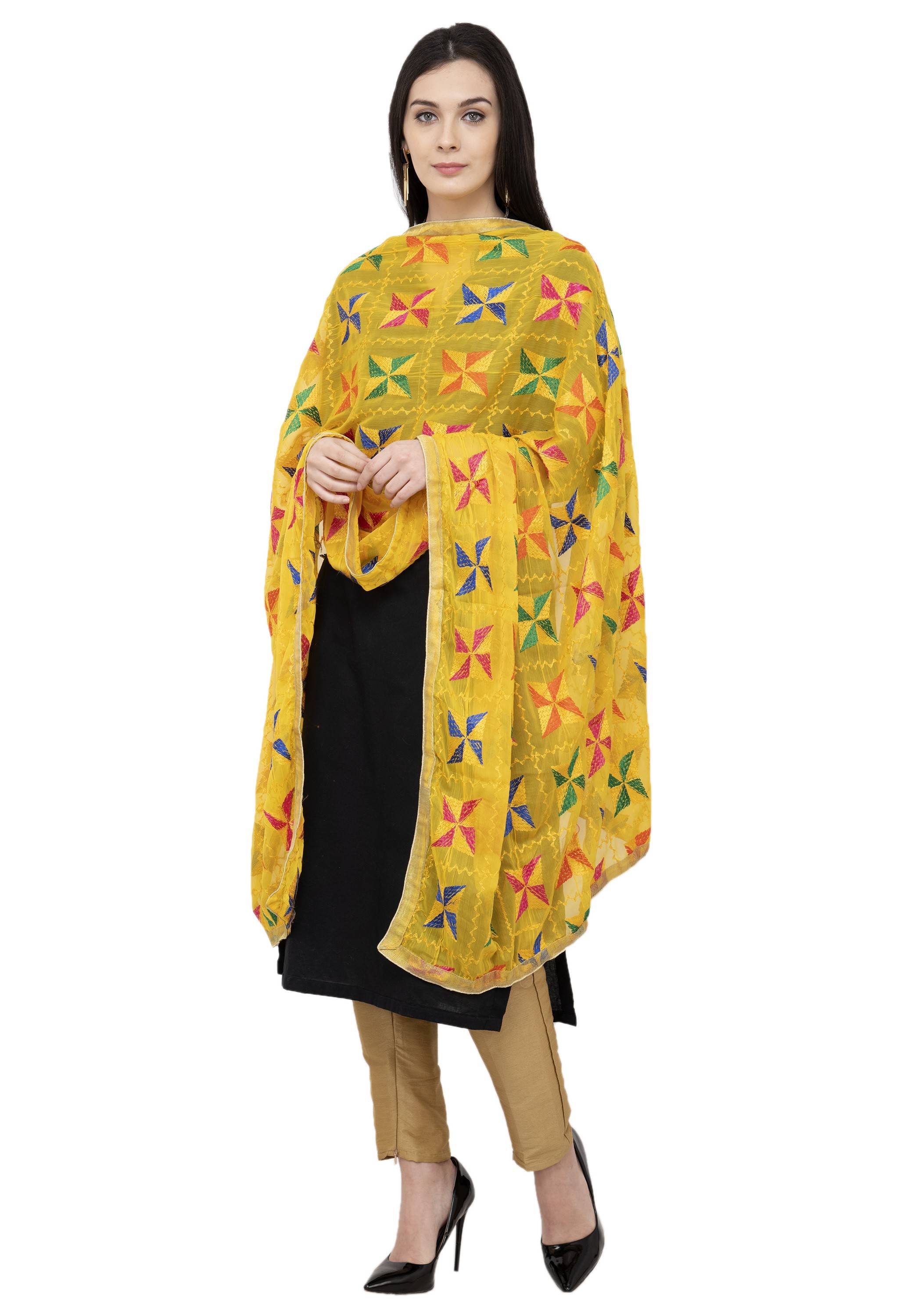 A R Silk Pakka Phulkari Fancy Dupatta Color Yelllow Dupatta or Chunni