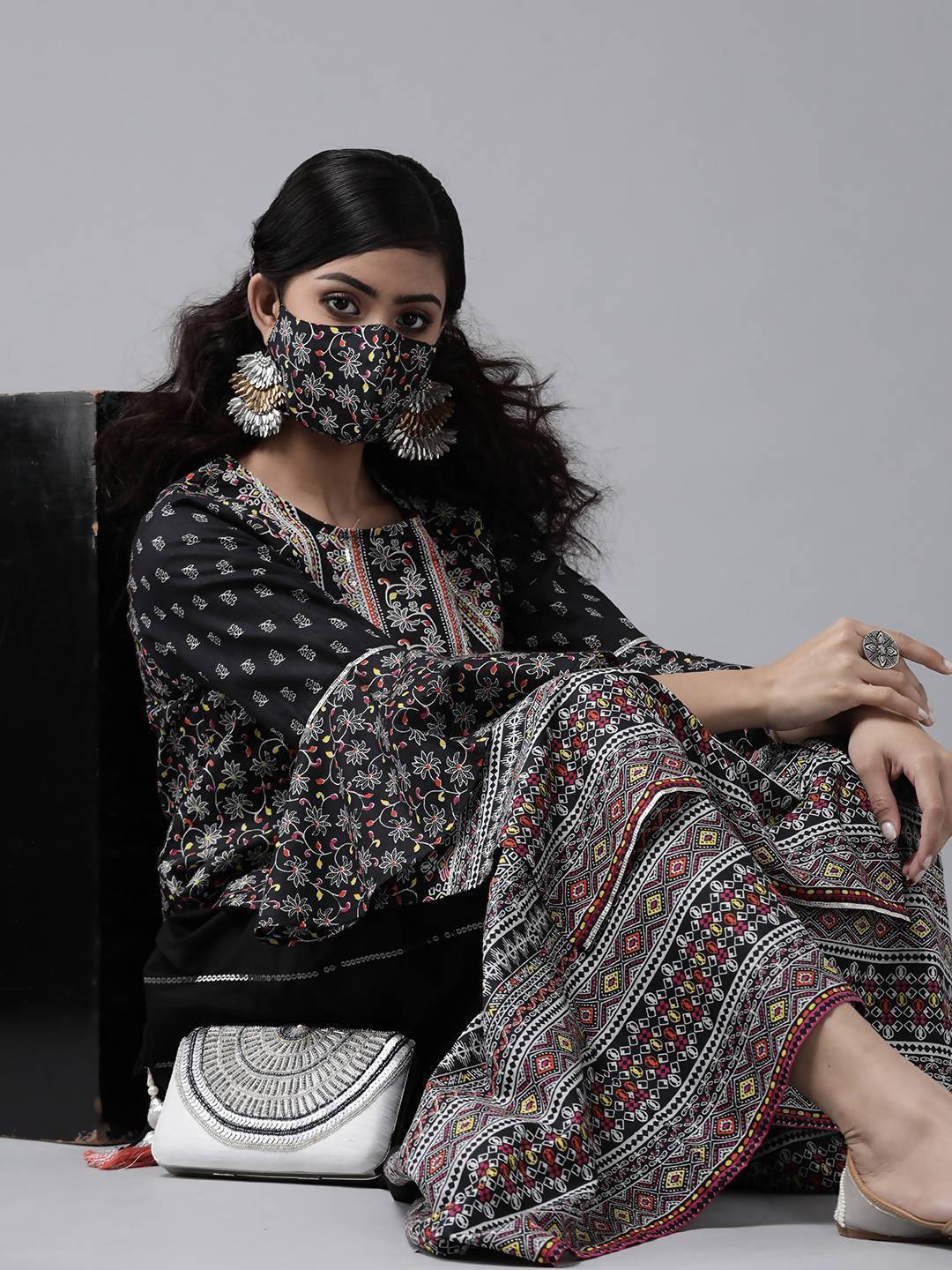 Women's Black Cambric Floral Print High-Low Kurta Palazzo Set With Mask - Juniper