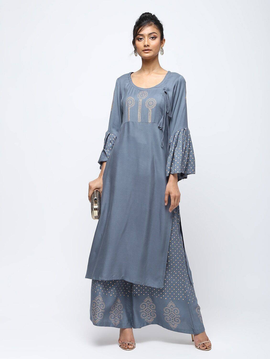 Women's Grey Flair Kurta With Bell Sleeve Design And Straight Polka Dot Print Palazzo - Cheera