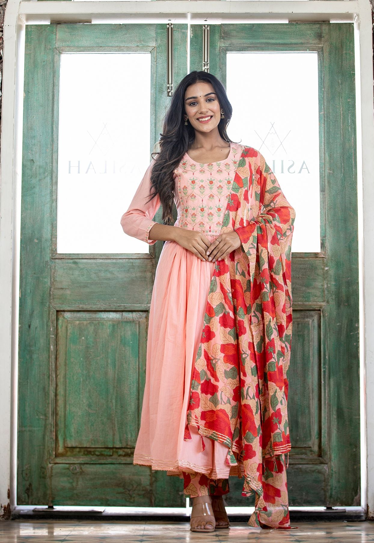 Women's Peach Floral Print Anarkali Suit Set - KAAJH