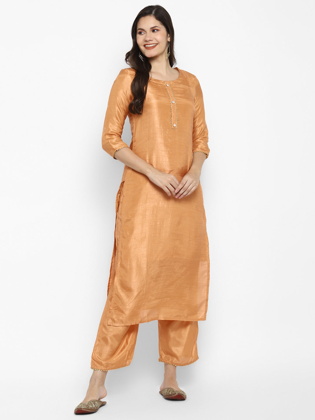 Women's Orange Color Silk Blend Straight Kurta Palazzo With Dupatta - VAABA