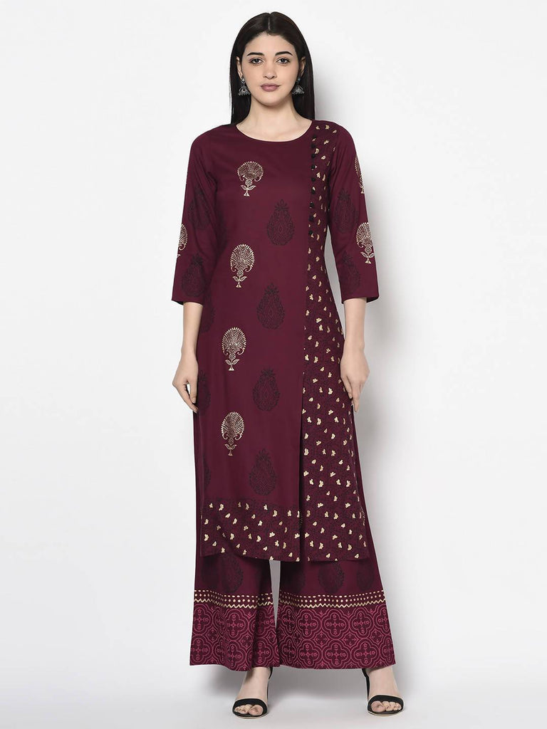 Women's Wine Rayon Block print straight kurta Palzzo set