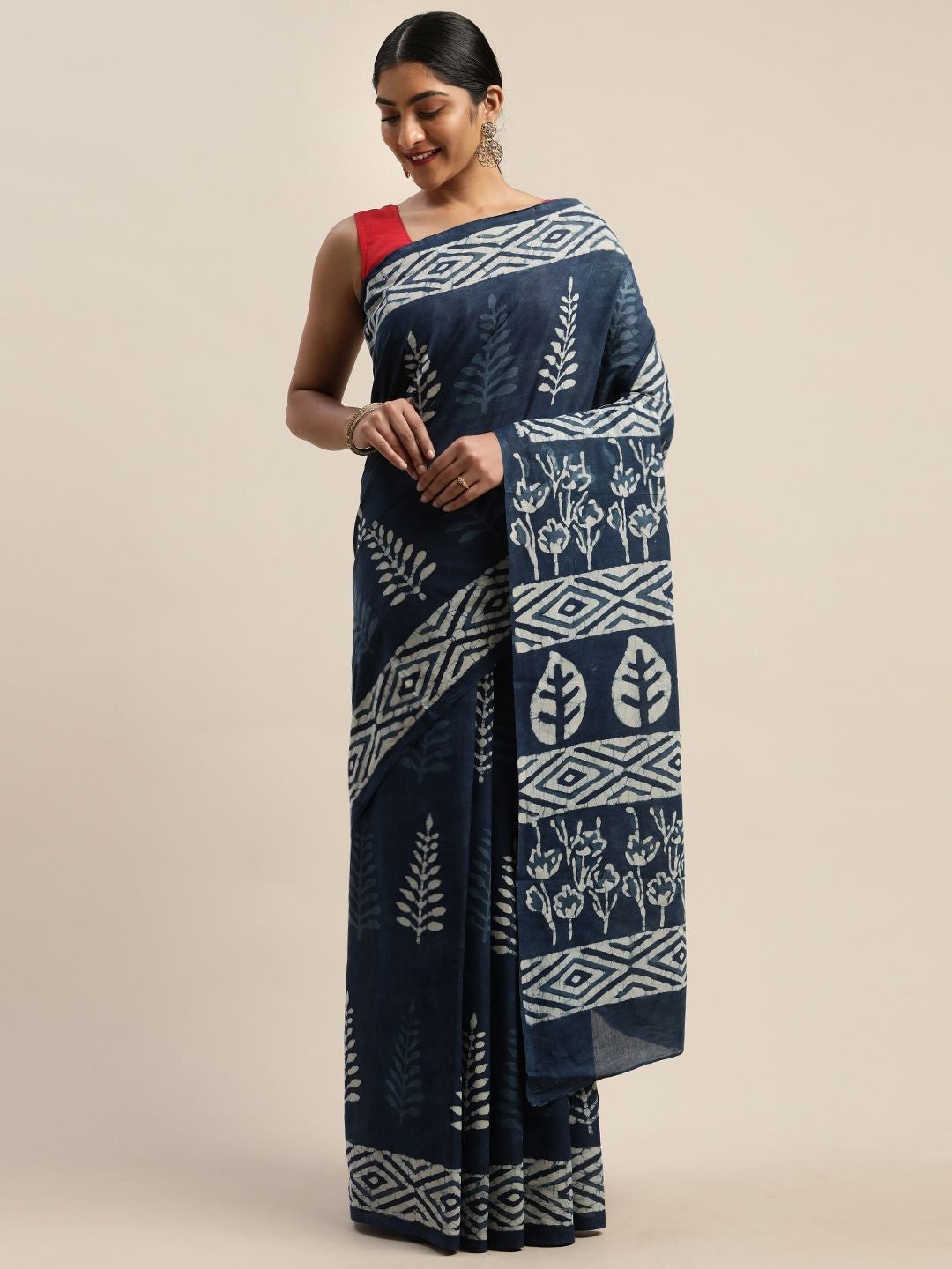 Women's Handloom Cotton Mulmul Saree With Handblock Dabu Print - Olive Mist