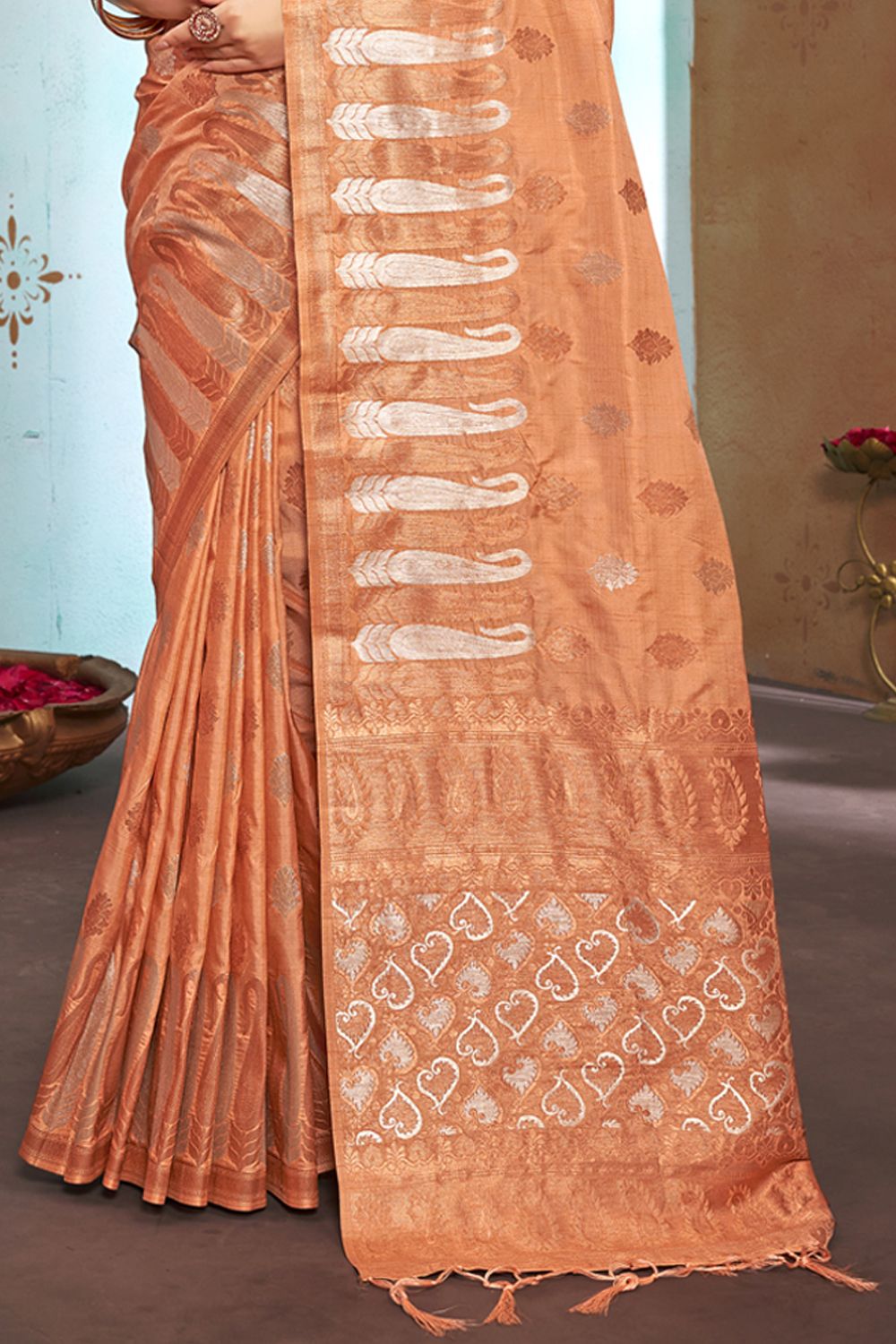 Women's Peach Silk Woven Zari Work Traditional Tassle Saree - Sangam Prints