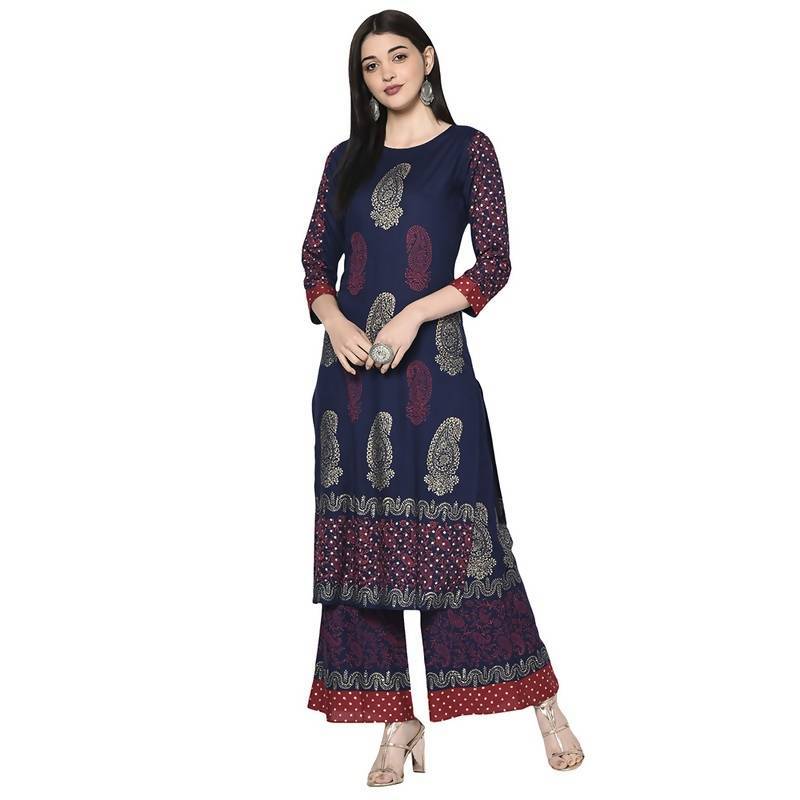 Women's Navy Blue Rayon Block print straight kurt