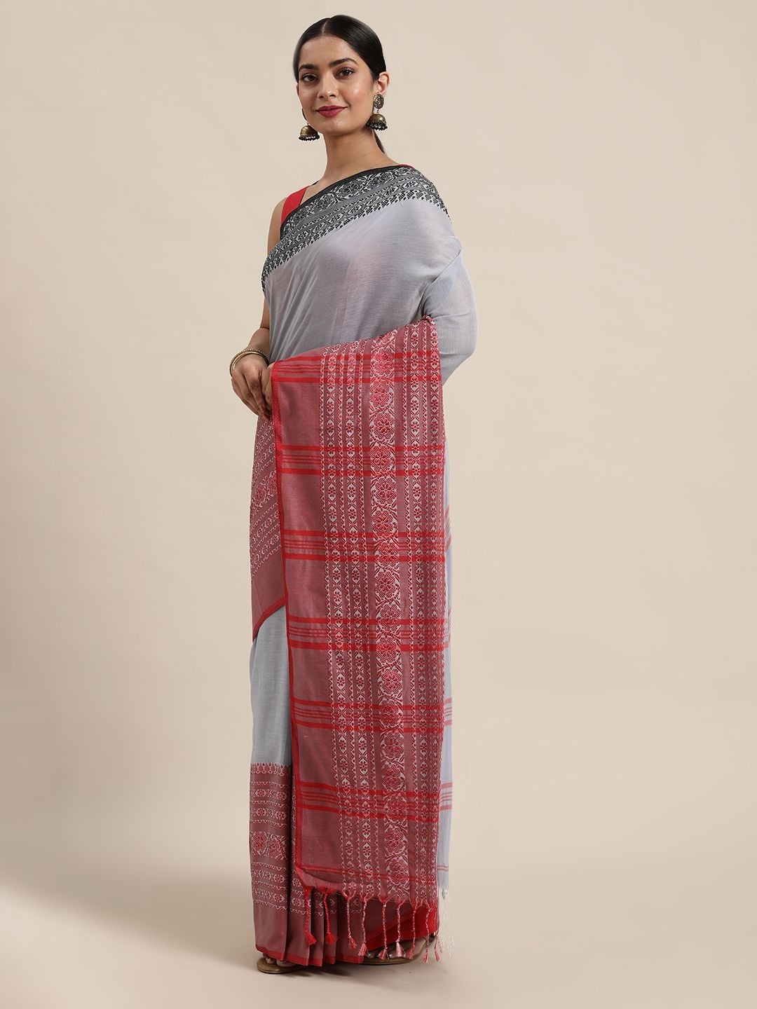 Women's Handloom Grey & Black Pure Cotton Woven Design Khadi Saree - Olive Mist