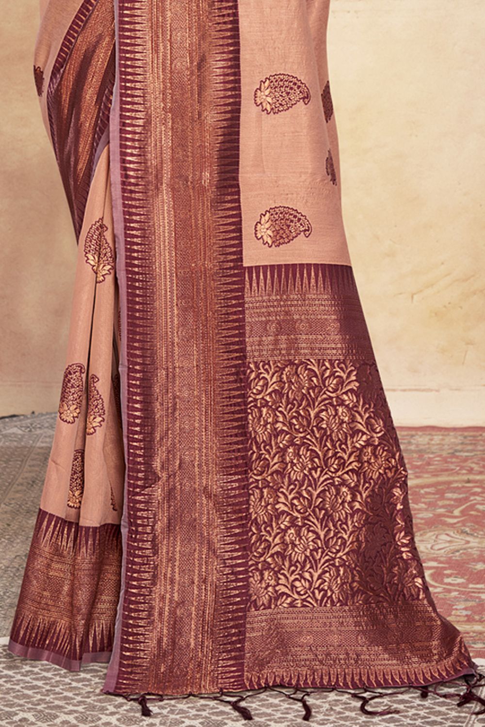 Women's Peach Cotton Woven Zari Work Traditional Tassle Saree - Sangam Prints