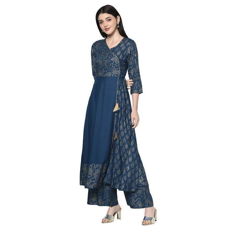 Women's Blue Rayon Foil print Angrakha Anarkali Kurta