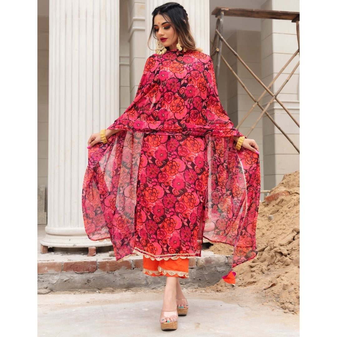 Women's orange phool jaal chiffon suit set - Pomcha Jaipur