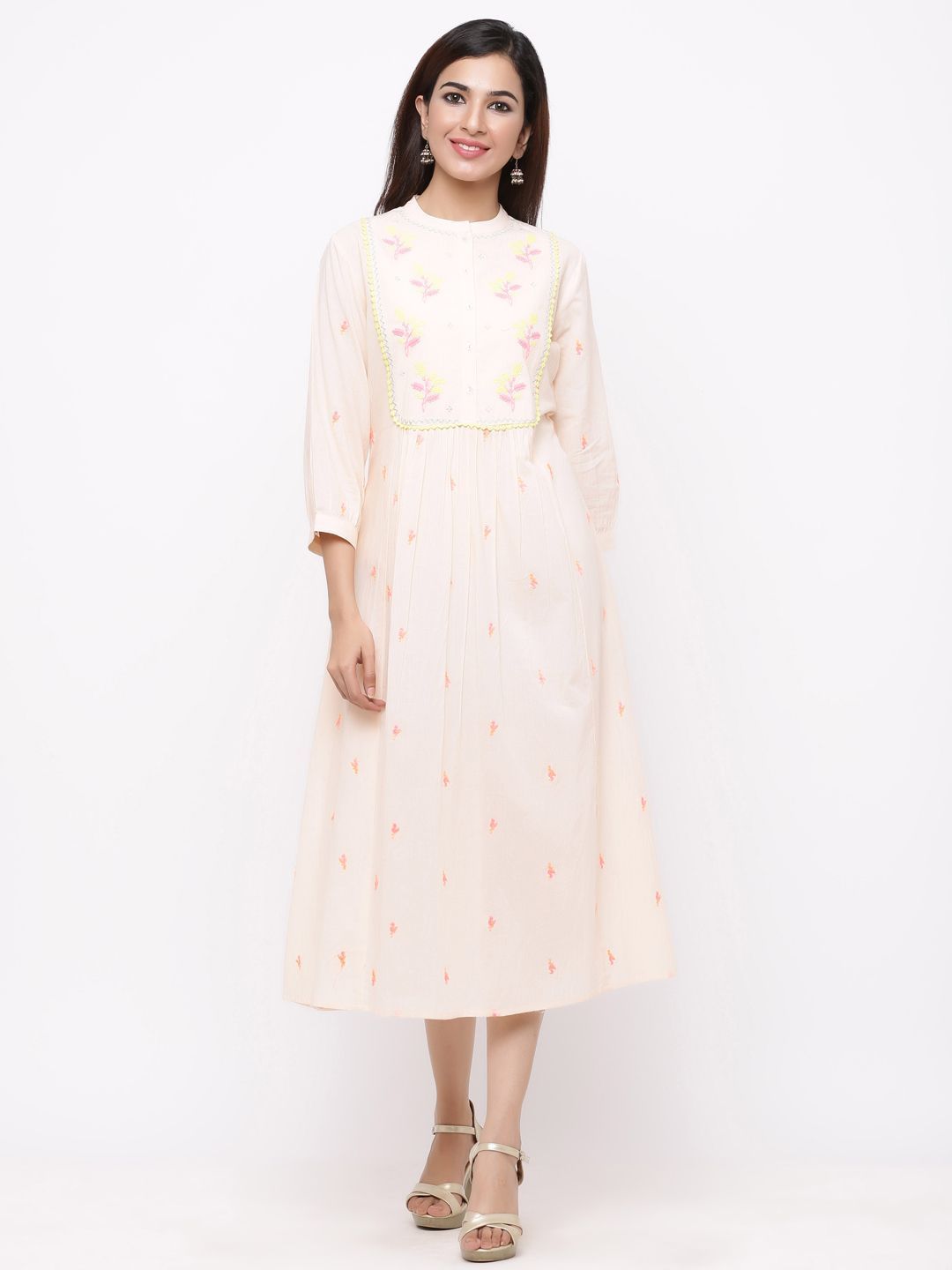 Women's Peach Cotton Embroidered Flared Dress - Juniper