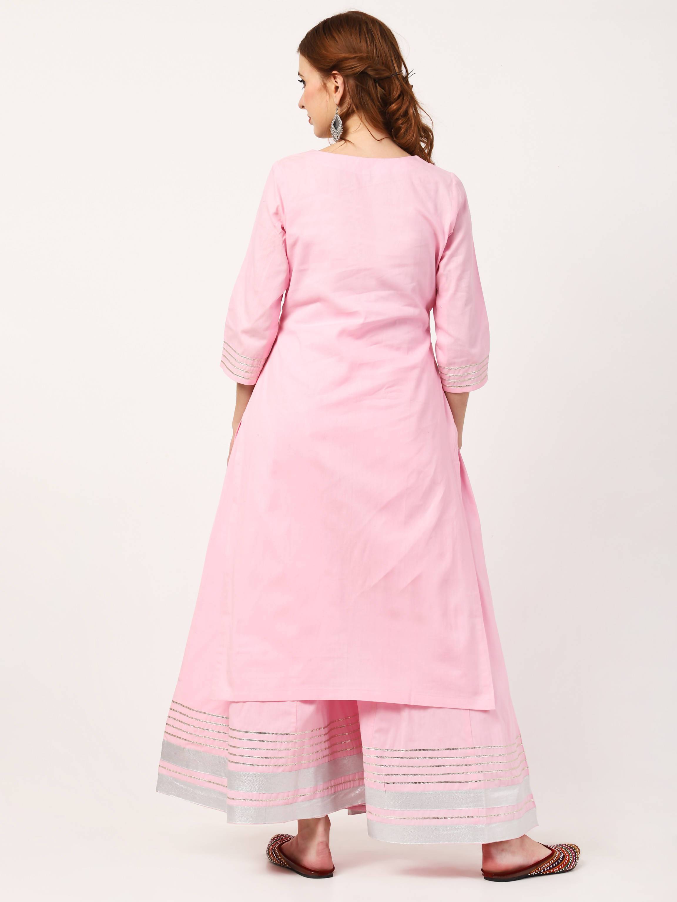 Women's Baby Pink Cotton Kurta Sharara Dupatta set - Cheera