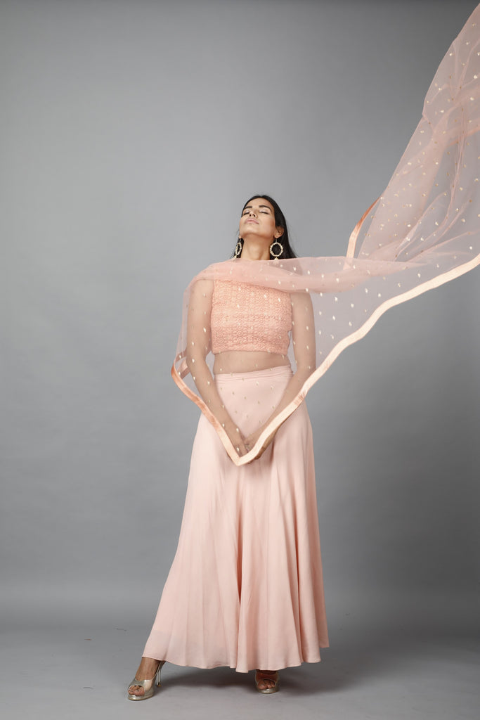 Women's Peach Cotton Lace Crop Top, Moss Crepe Flare Skirt And Embroidered Net Dupatta